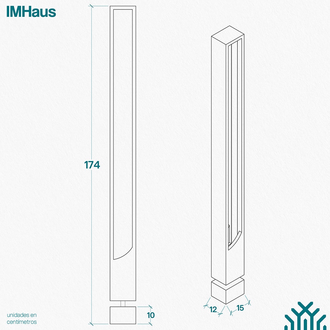 Planimetría de lampara de pie caliza diseñada por IMHaus. La imagen muestra la lámpara en vista frontal y en perspectiva, con medidas detalladas en centímetros.