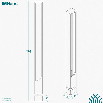 Planimetría de lampara de pie caliza diseñada por IMHaus. La imagen muestra la lámpara en vista frontal y en perspectiva, con medidas detalladas en centímetros.