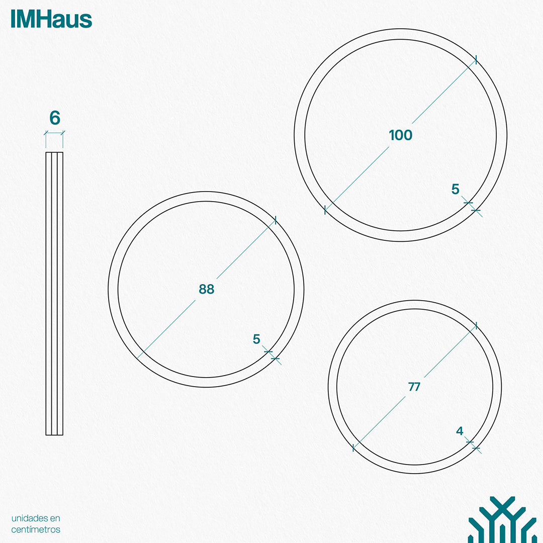 Planimetría de las diversas medidas de los espejos de tres capas diseñados por IMHaus. La imagen muestra los espejos en vista frontal y en perspectiva, con medidas detalladas en centímetros. 