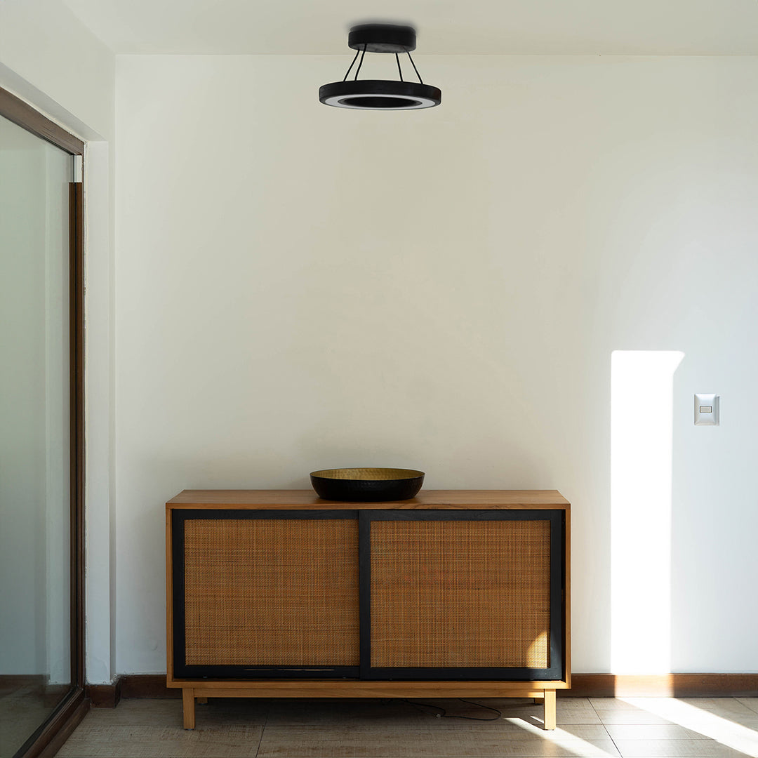  La escena muestra la lámpara de techo Runden en madera de pino con terminación en negro instalada en la entrada de una casa sobre un mueble de madera. Esta lámpara aporta al espacio haciéndolo moderno y elegante.