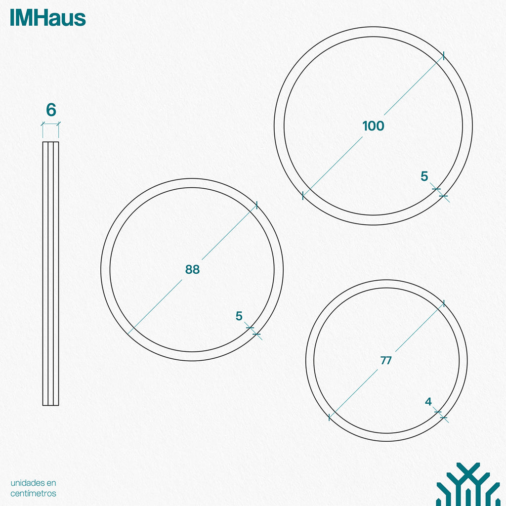 Planimetría de las diversas medidas de los espejos de tres capas diseñados por IMHaus. La imagen muestra los espejos en vista frontal y en perspectiva, con medidas detalladas en centímetros. 