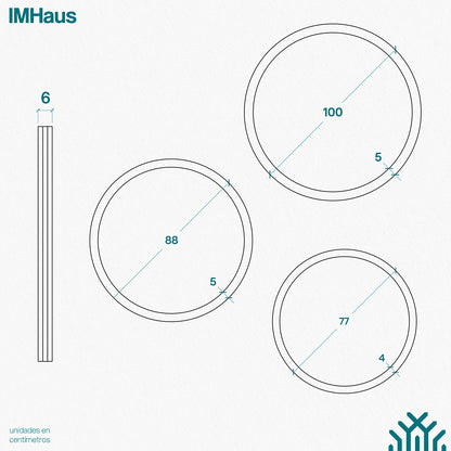 Planimetría de las diversas medidas de los espejos de tres capas diseñados por IMHaus. La imagen muestra los espejos en vista frontal y en perspectiva, con medidas detalladas en centímetros. 