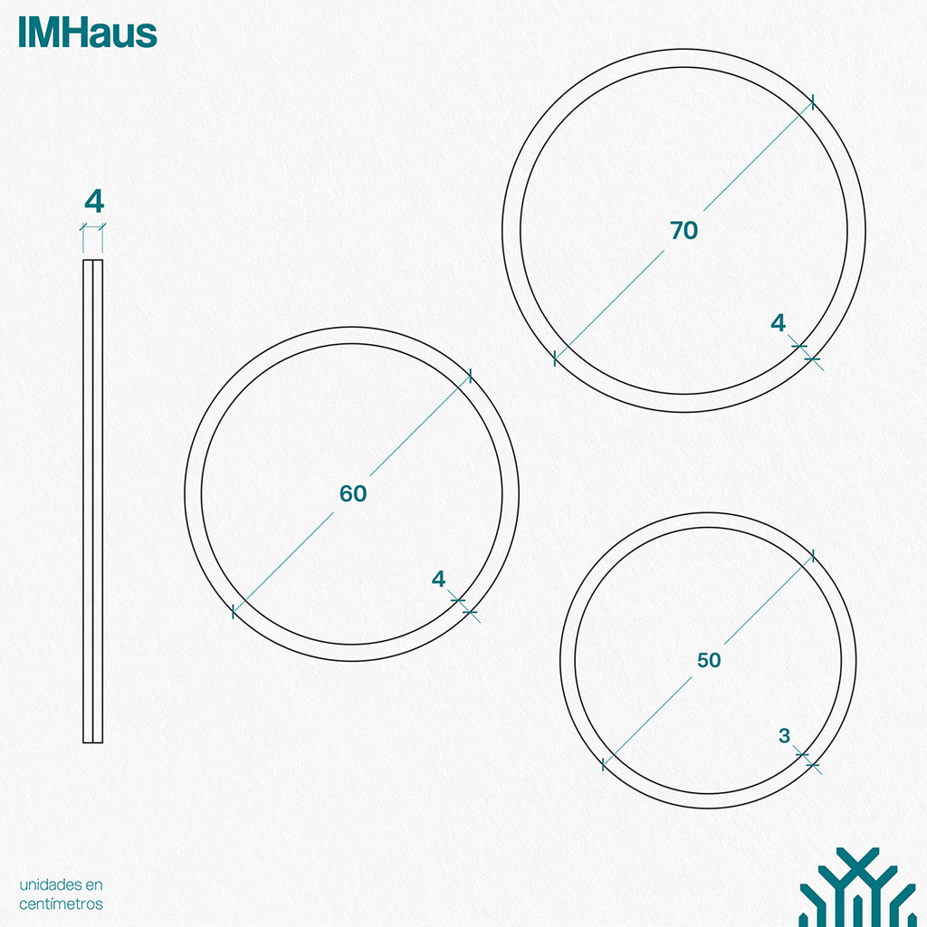 Planimetría de las diversas medidas de los espejos de dos capa diseñados por IMHaus. La imagen muestra los espejos en vista frontal y en perspectiva, con medidas detalladas en centímetros. 