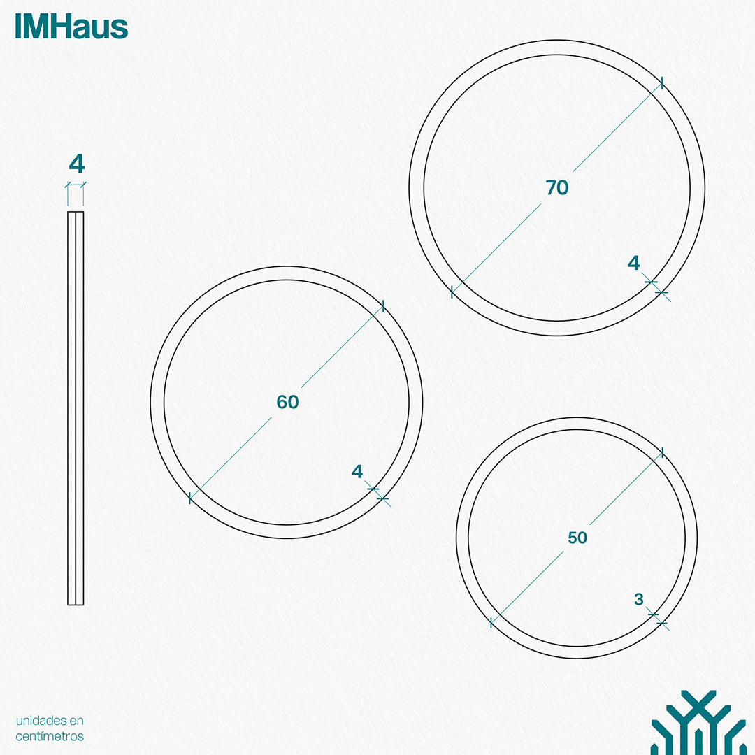 Planimetría de las diversas medidas de los espejos de dos capa diseñados por IMHaus. La imagen muestra los espejos en vista frontal y en perspectiva, con medidas detalladas en centímetros. 