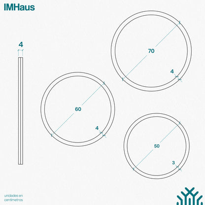 Planimetría de las diversas medidas de los espejos de dos capa diseñados por IMHaus. La imagen muestra los espejos en vista frontal y en perspectiva, con medidas detalladas en centímetros. 