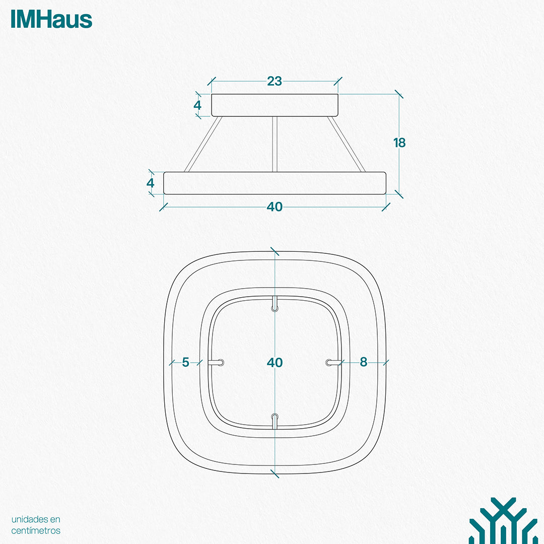 Planimetría de la lampara de techo Quadrat diseñada por IMHaus. La imagen muestra la lámpara en vista frontal y en perspectiva, con medidas detalladas en centímetros.